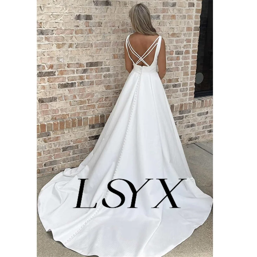 LSYX Customized Simple Sleeveless Deep V-Neck Crepe A-Line Wedding Dress For Women Open Back Court Train Bridal Gown