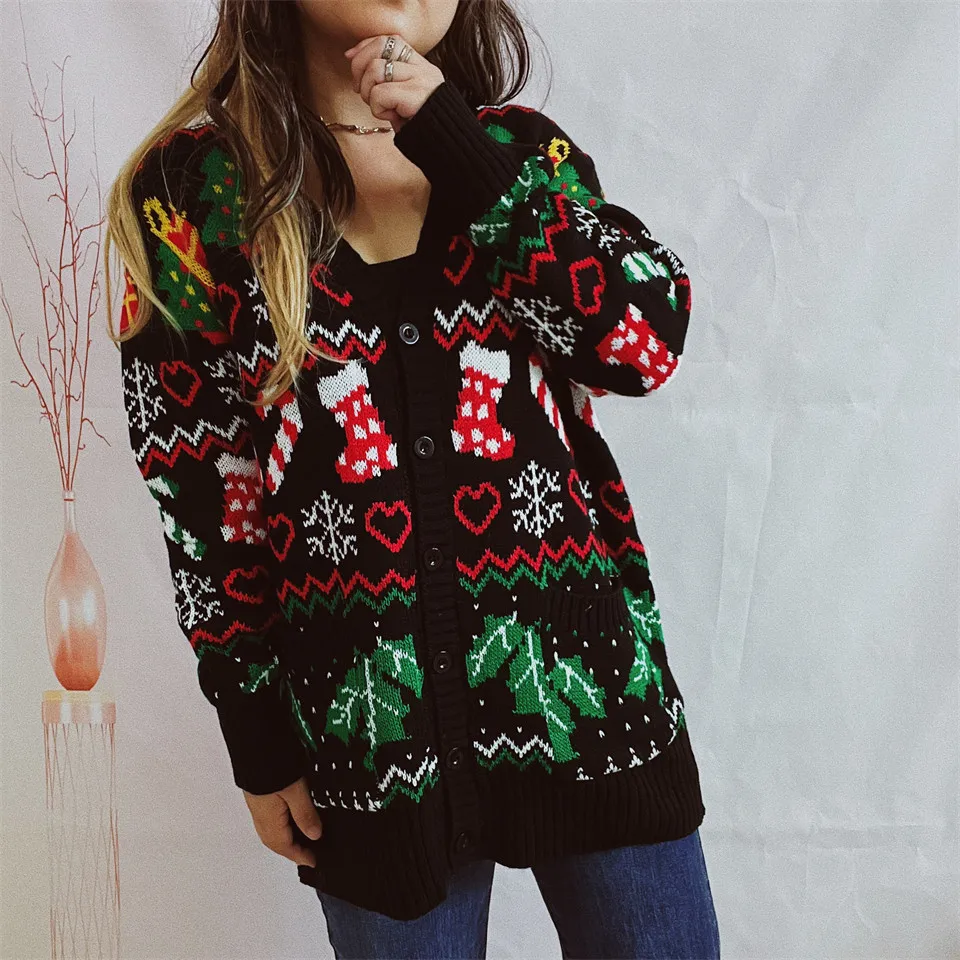 2024 New Christmas Women's New Year Warm Loose Sweater Single Breasted V-Neck Christmas Themed Knitted Sweater Cardigan