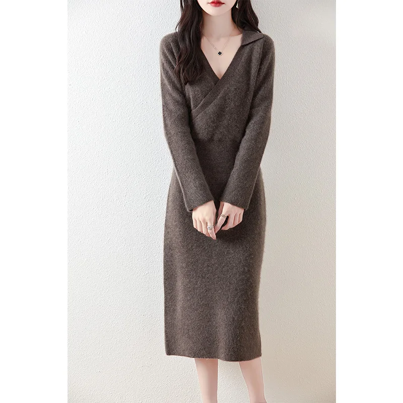 100% Wool Dress Women's Autumn Winter Long Sleeved Slim Fit Solid Color French Fashion Lapel Pullover V-Neck Knitted Top