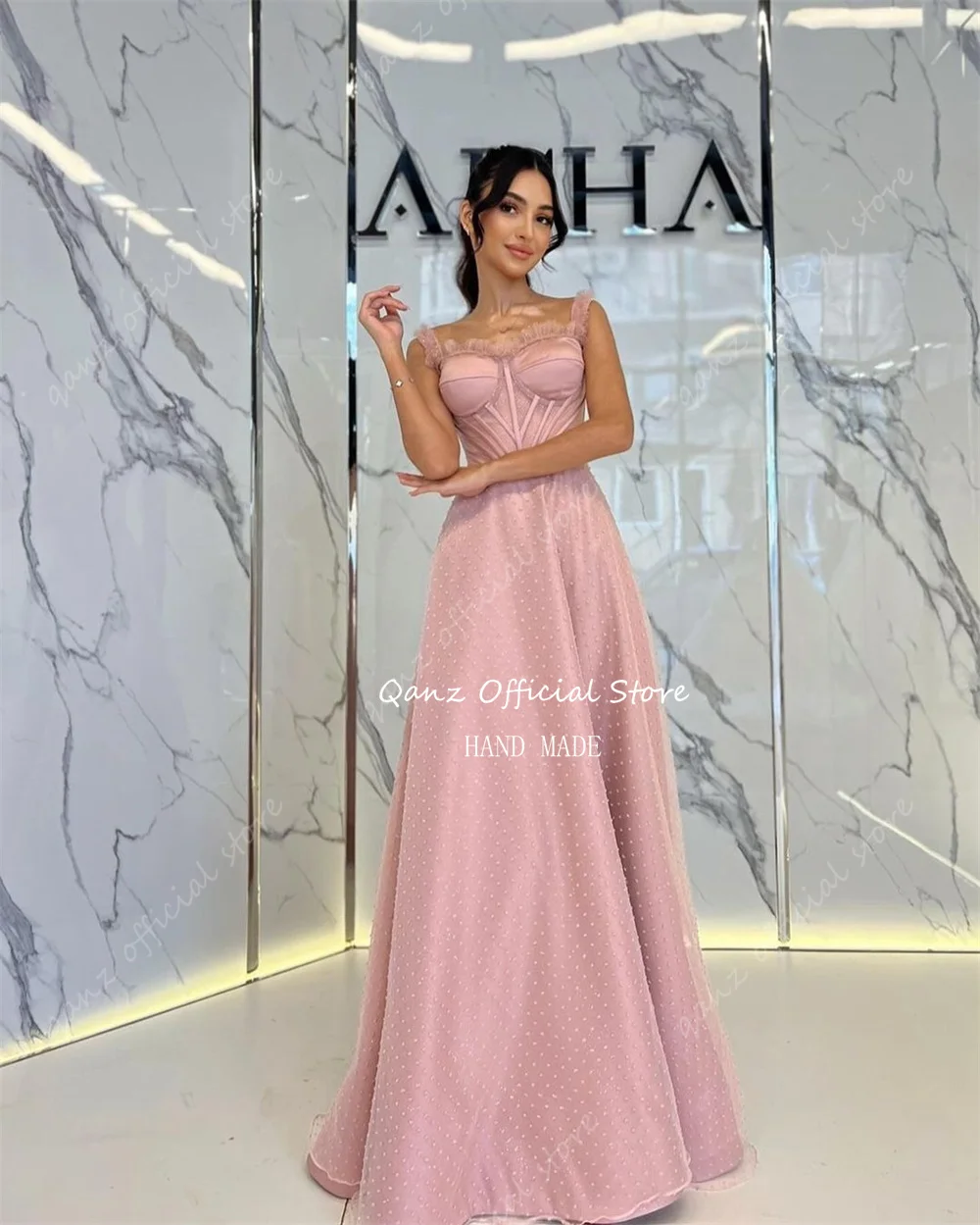 Qanz Pink Modest Prom Dresses Long A Line Spaghetti Straps Abendkleider elegante lunghezza del pavimento abiti da cerimonia in raso da donna