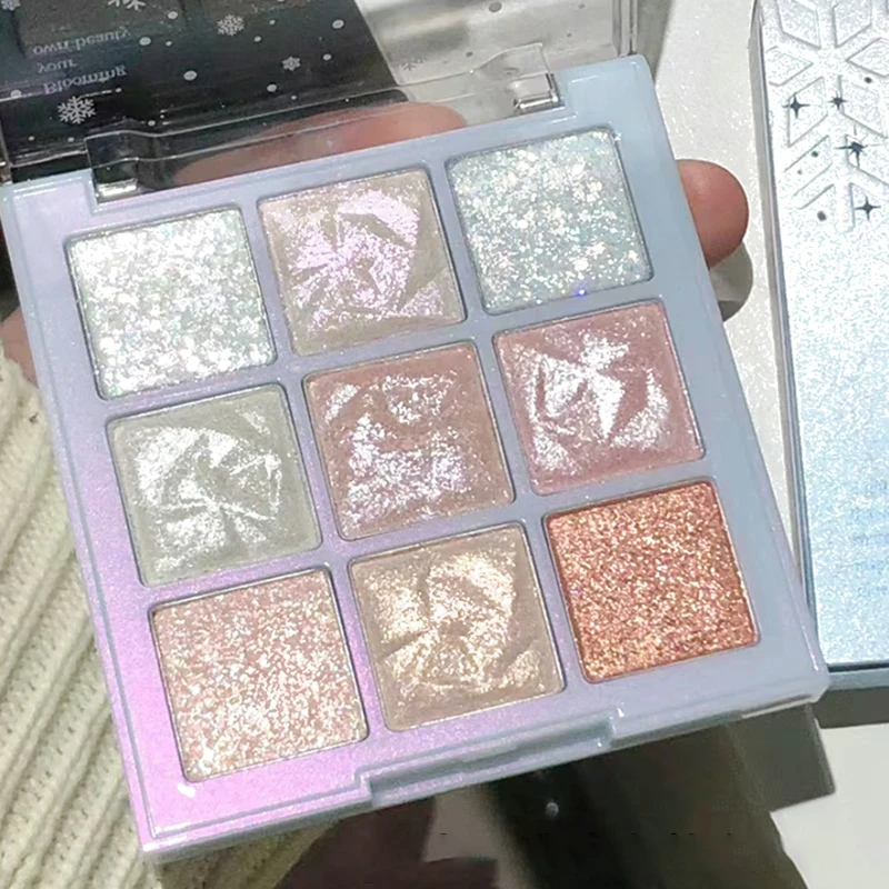 Snowflake Diamond Eyeshadow Palette 9-Color Polarization Glitter Flash Rose Pink Highlighter Brighten Shiny Eyes Makeup Tools