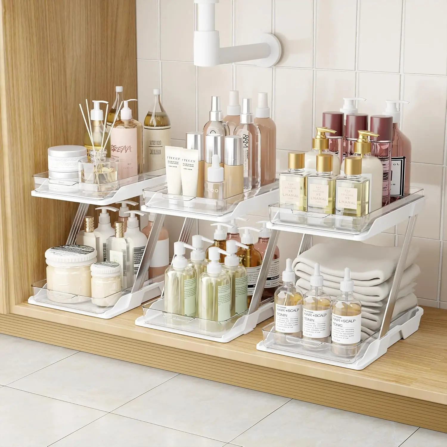 

3-Pack Clear Bathroom Organizers - 2-Tier Pull-Out Storage for Under Sink, Kitchen, Vanity, Cabinet & Medicine Cabinet
