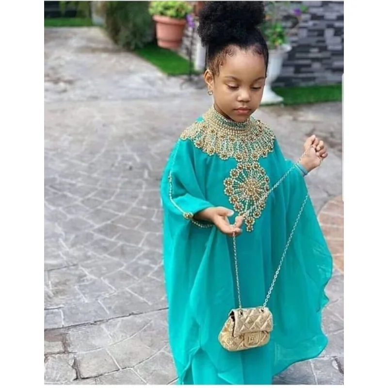 Lake Green Girl Dress Children's Moroccan Children's Abaya Farasha Kaftans Long Dress