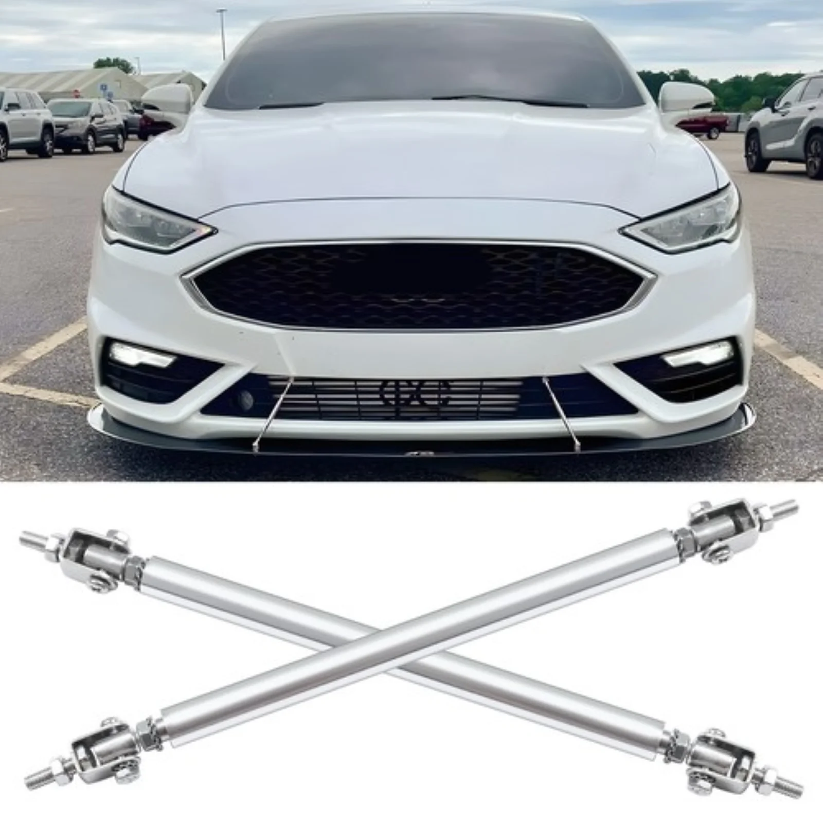 

2X SILVER Front Bumper Lip Splitter Spoiler Strut Rod Tie Support Bar Adjustable