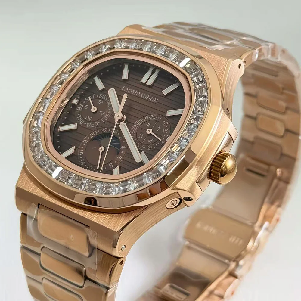 2025 حركة أوتوماتيكية صينية جديدة من الذهب الوردي للغوص متعددة الوظائف صورة الشمس والقمر ساعة ميكانيكية مربعة للرجال