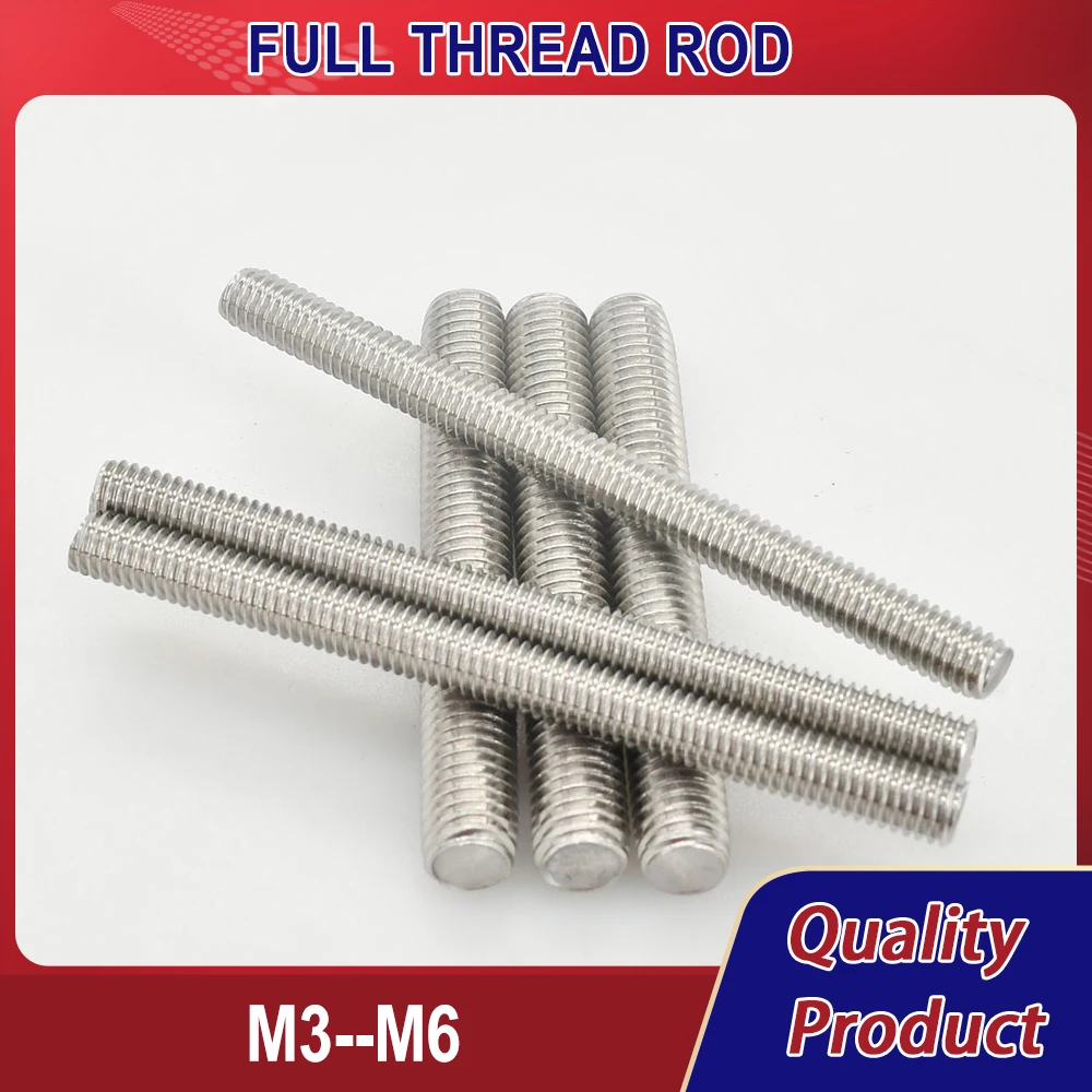 Length 20mm 50mm 100mm 200mm 500mm 304 Stainless Steel Full Threaded Bar Fully Metric Thread Rod Screw M3 M4 M5 M6 Bolt Stud