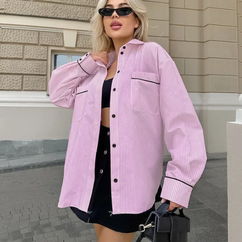 

2025 Hot-Selling French Style Fashion Sexy Gentle Pink Striped Long Sleeve Slim Fit Commuter Pocket Shirt Versatile Color-Block
