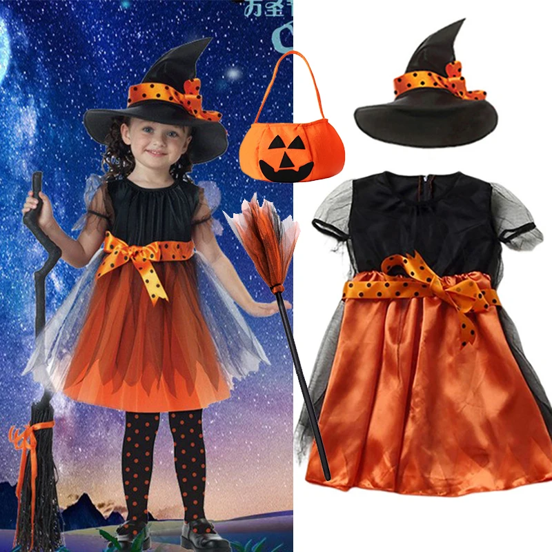 Girls Witch Costume Set Short‑Sleeve Black‑Orange Spliced Mesh Dress Witch Hat Halloween Trick Or Treat Cosplay Party Outfit