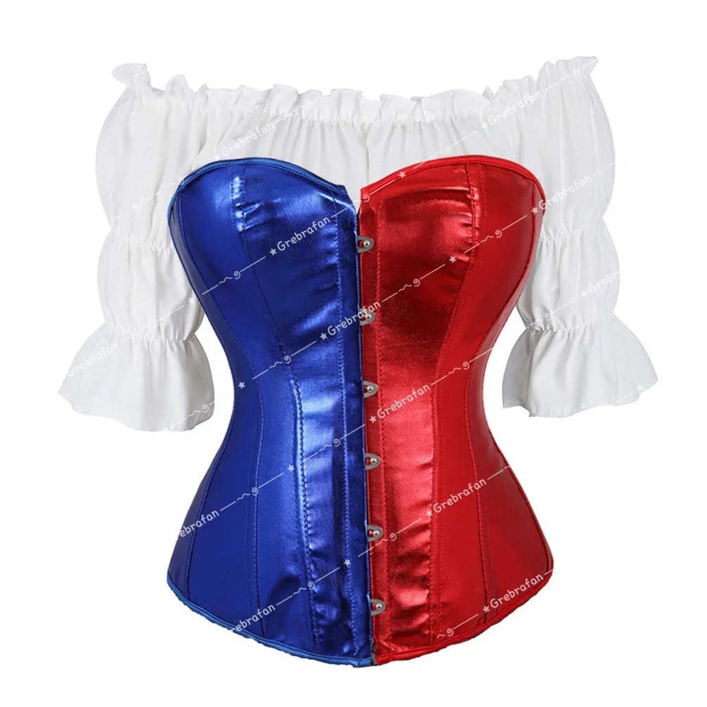 Woman Punk Rave Corset with Shirt Sets Sexy Gothic Corsets Vintage Bustiers Burlesque Basque Red Blue Corsage Halloween Costumes