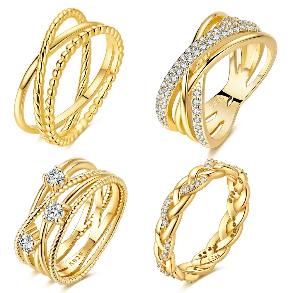 

sparkling 925 Sterling Silver Gold Fried Dough Twists Woven Wide Ring Couple Date Confession Gift Jewelry