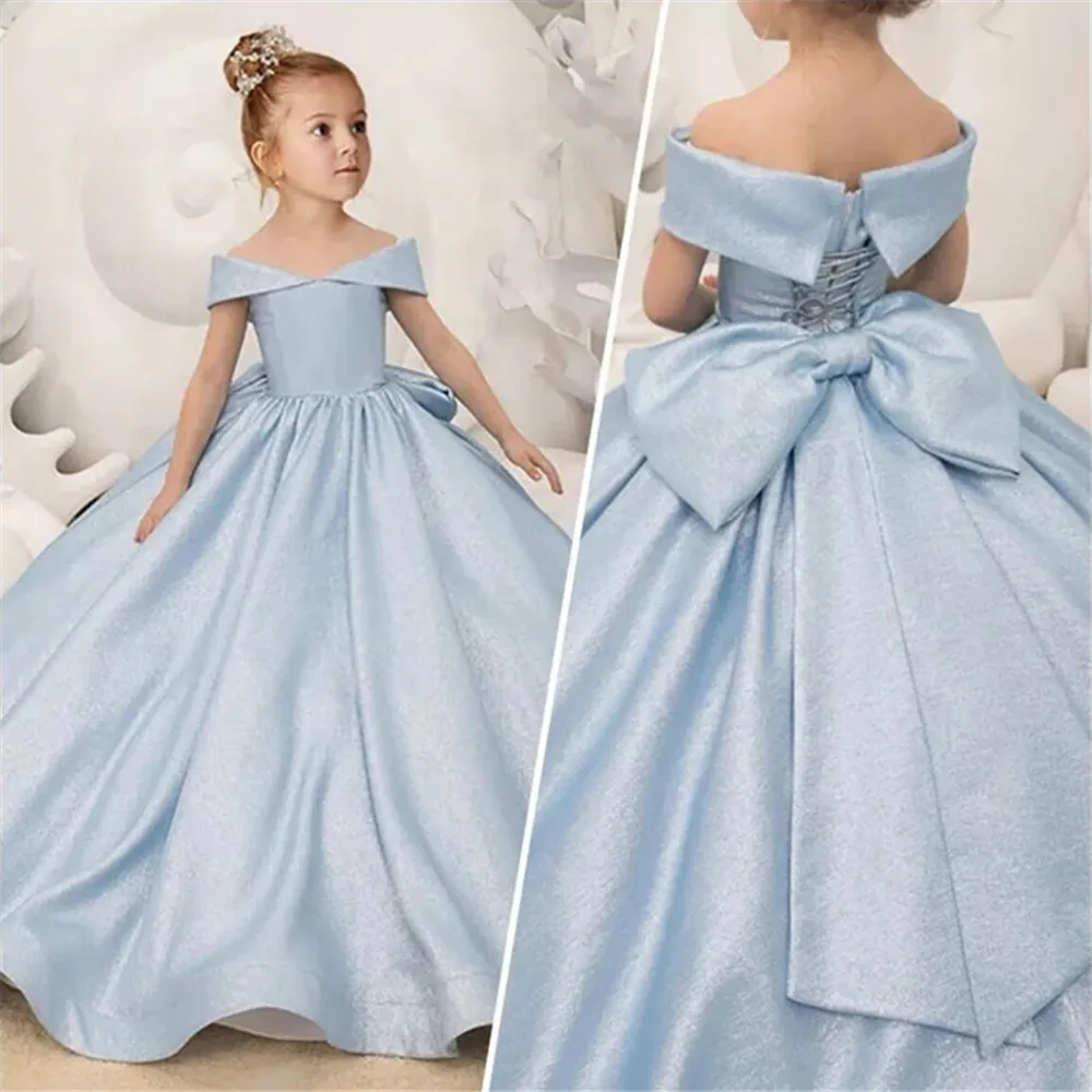 Light Blue Flower Girl Dresses Simple Bow Elegant Princess Satin Ball Gown For Kids Birthday Party First Communion Dress