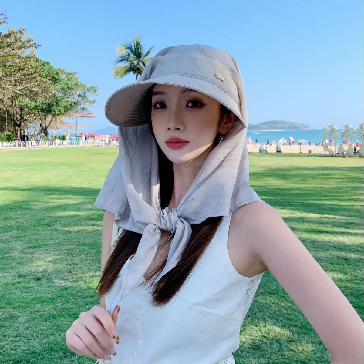 Women Large Brim Woven Sun Hat UV Protection Neck Wrap Scarf Breathable Adjustable Beach Outdoor Headwrap Summer Shade Cap