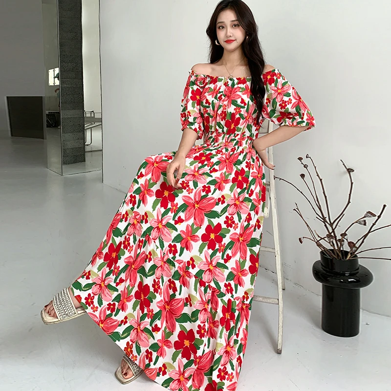 Abito lungo da spiaggia Boho in cotone estivo Abito lungo leopardato a pois con applicazioni di fiori alla moda