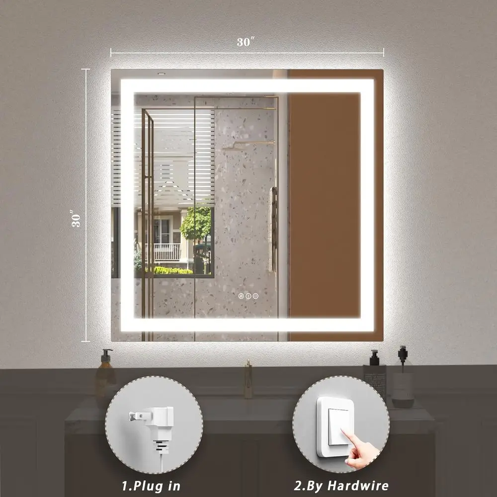 Miroir mural de salle de bain carré éclairé par LED de 30 pouces, intensité variable, antibuée, incassable, fonction mémoire, certifié ETL