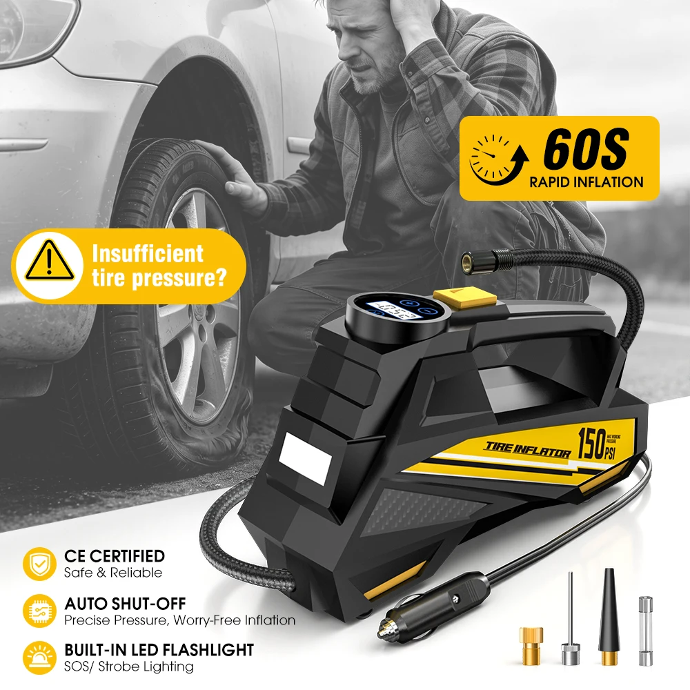 CARSUN Roadside Emergency Tire Inflator 12V 150PSI Air Compressor LED Flashlight Auto Shut-off for Car Motorcycle Ball CE