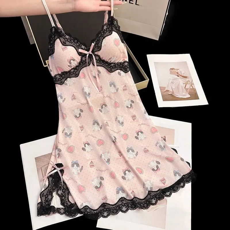 Women's Cute  Print Lace Trim Slip Nightgown With Built-in Bra Sweet Cozy Lingerie Dress