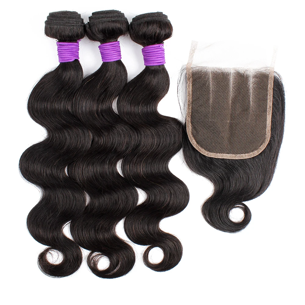 Body Wave 3 Bundles With 4x4 Lace Closure 200g/lot Natural Color Remy Indian Human Hair Extension 4*4 Swiss Lace Closures