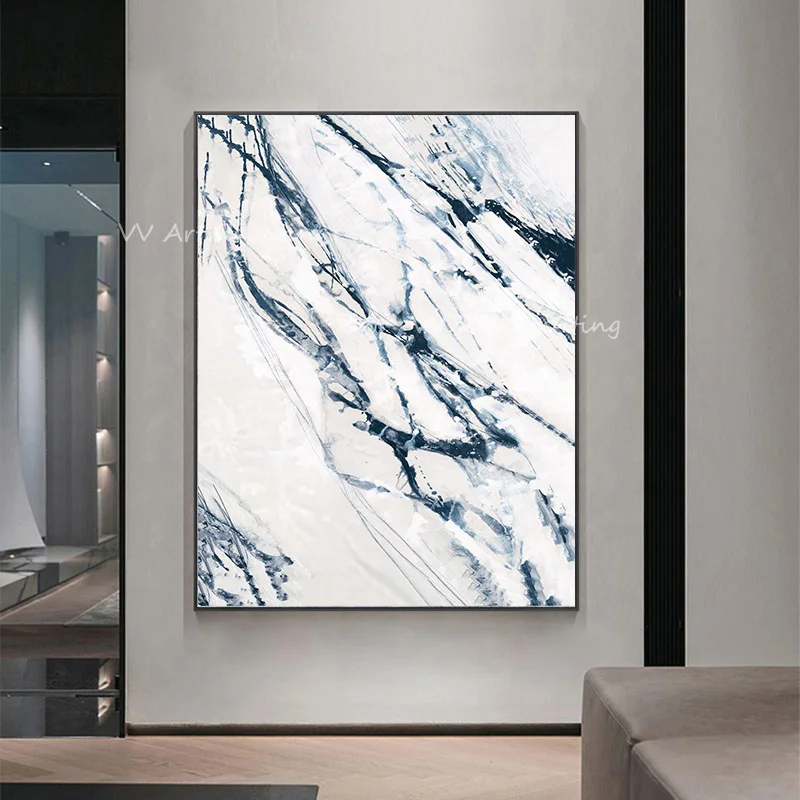 Modern Abstract Blue Oil Painting White Marble Texture Hand Painted Canvas Wall Art for Hallway Entryway Large Home Wall Decor