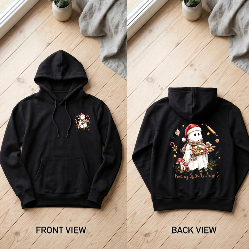 Baking Spirits Bright Christmas Ghost Women Hoodie Cute Chef Baker Santa Hat Graphic Sweatshirt Festive Cookie Party Hooded Top