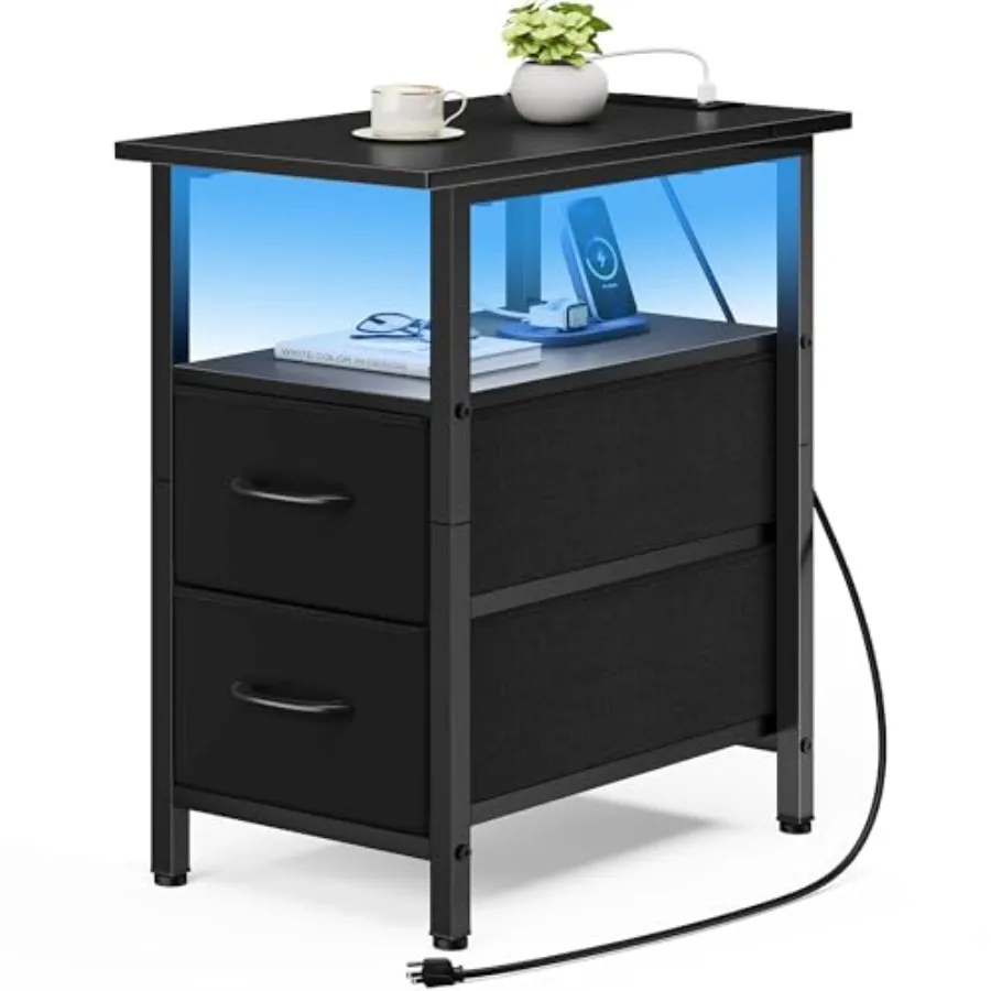 

Vagusicc Nightstand with Charging Station and LED Lights, Narrow Side Table, LED Night Stand with Fabric Drawers, Bedside Table