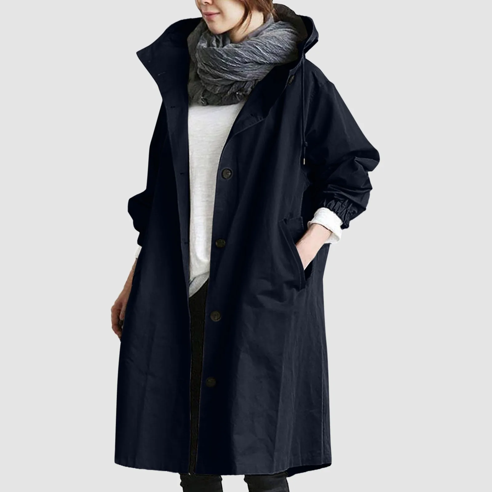 Trench lungo da donna alla moda da donna tinta unita elegante giacca a vento sciolto confortevole con cappuccio temperamento impermeabile da donna