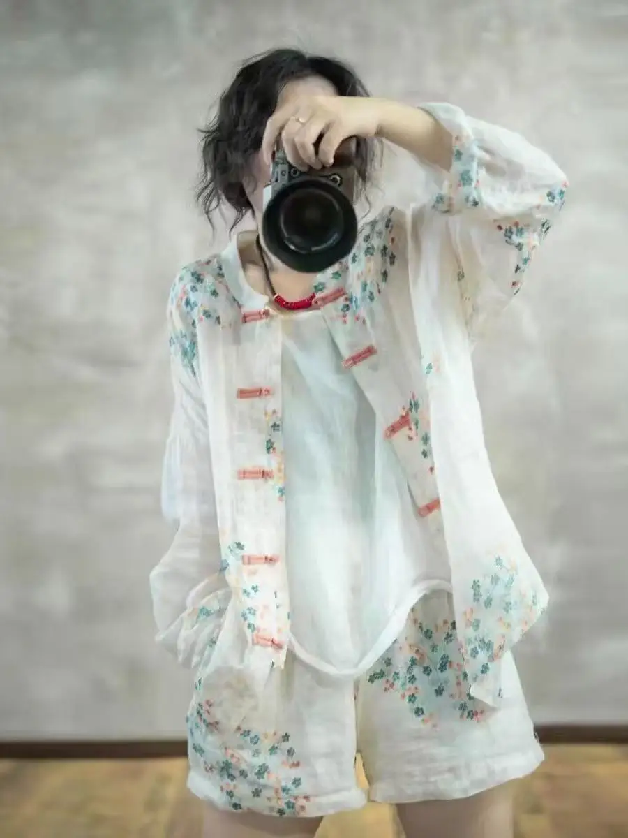 

New 2026 Spring Summer Women's Chinese Sle Open Cardigan Coat Set Sun Protection Long Sve Loose Fit Printed Cotton Linen