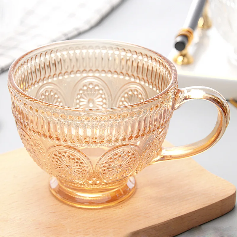 Glass Mug with Embossed Sun Flower, Drinking Glass Cups with Handles, Large Capacity, Bowl Shape, Milk, Water, Juice, Househol