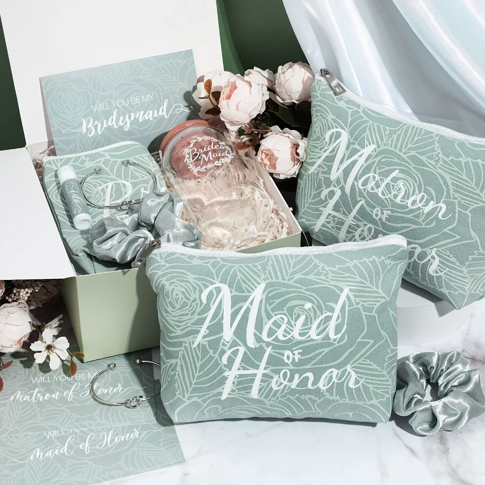 72pcs Bridesmaid Proposal Gifts, Maid And Matron Of Honor Gifts, Bridesmaid Gift Sets Include Gift Box Glass Cup Makeup Bag Cards Lip Balm Hair Scrunchie Knotted Bracelet(Green)