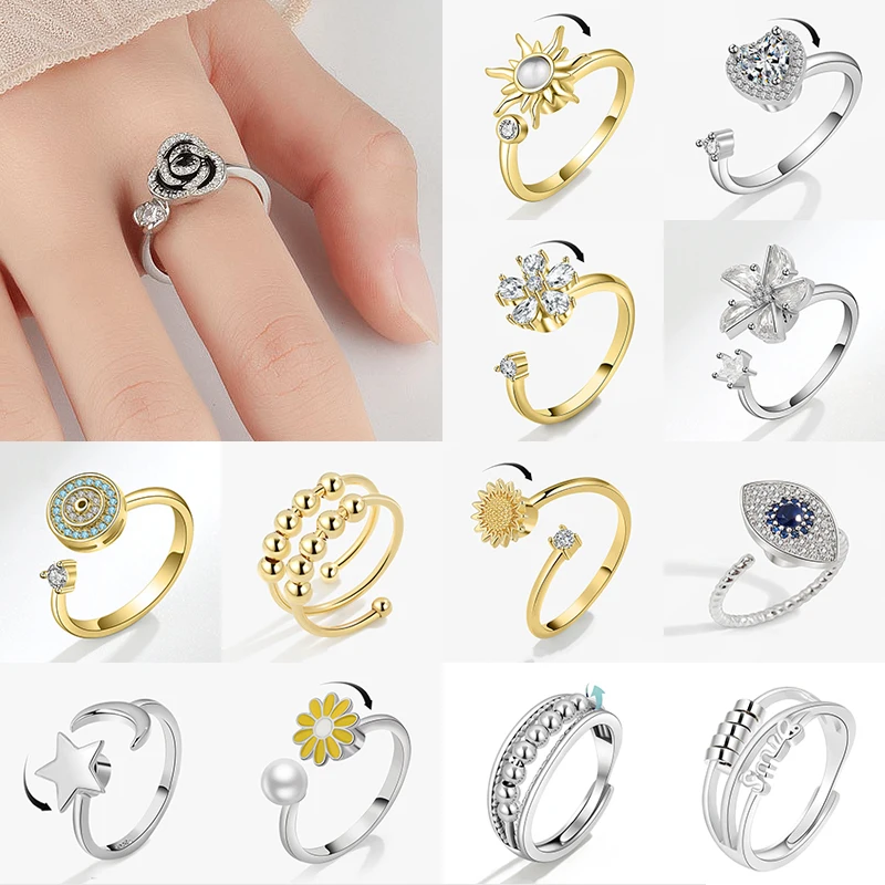 Luxury Fashion Fidget Spinner Rings for Women Crystal Flower Sun Star Moon Beads Anti Stress Anxiety Ring Rotatable Jewelry 2023