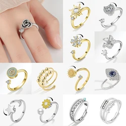 Luxury Fashion Fidget Spinner Rings for Women Crystal Flower Sun Star Moon Beads Anti Stress Anxiety Ring Rotatable Jewelry 2026