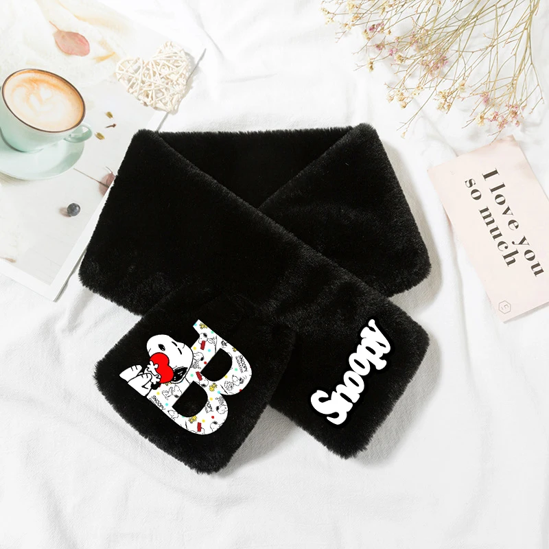 Snoopy Plush Scarf Letter A-Z Printed Winter Faux Rabbit Fur Boys Girls Soft Snood Scarves Solid Color Neck Colla Birthday Gifts