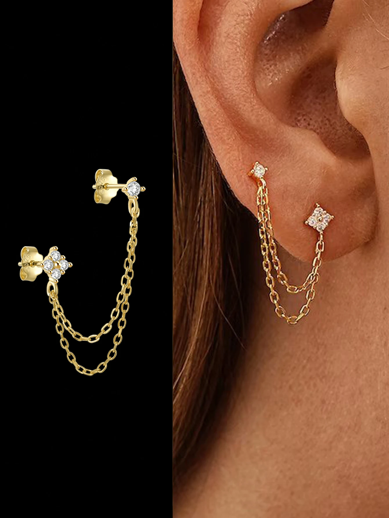 ROXI 1 Stück S925 Silber Verbundene Kette CZ Tragus Stud Doppelketten-Knorpelpiercing Einfacher Eleganter Ohrring für Tägliche Anlässe – Detail 7