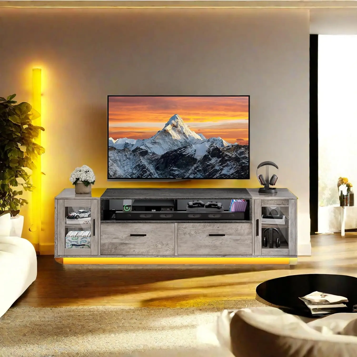 Modern TV Stands for Living Room with Power Outlets, LED TV Stand for 65+ inch TV, TV Console Cabinet,Rustic Grey