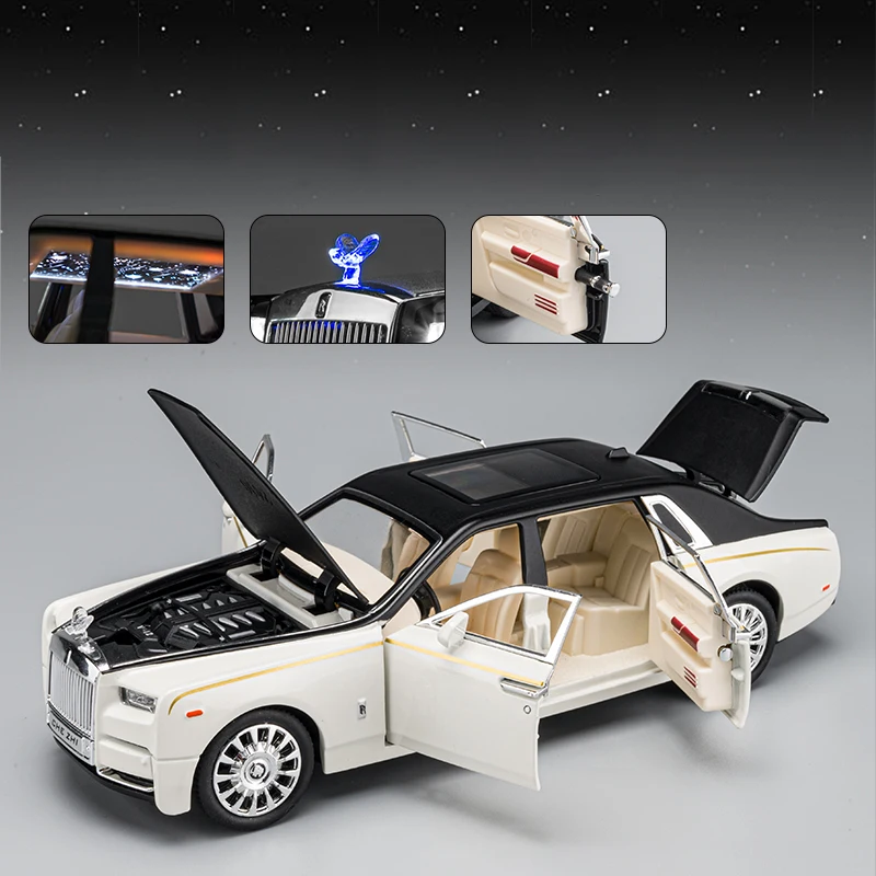 รถโมเดล Rolls Royce Phantom ขนาด 1:24 ผลิตจากโลหะผสมสังกะสี แบบดึงหลัง มีเสียงและไฟ ของเล่นรถแบบหล่อขึ้นรูปเหมือนจริง