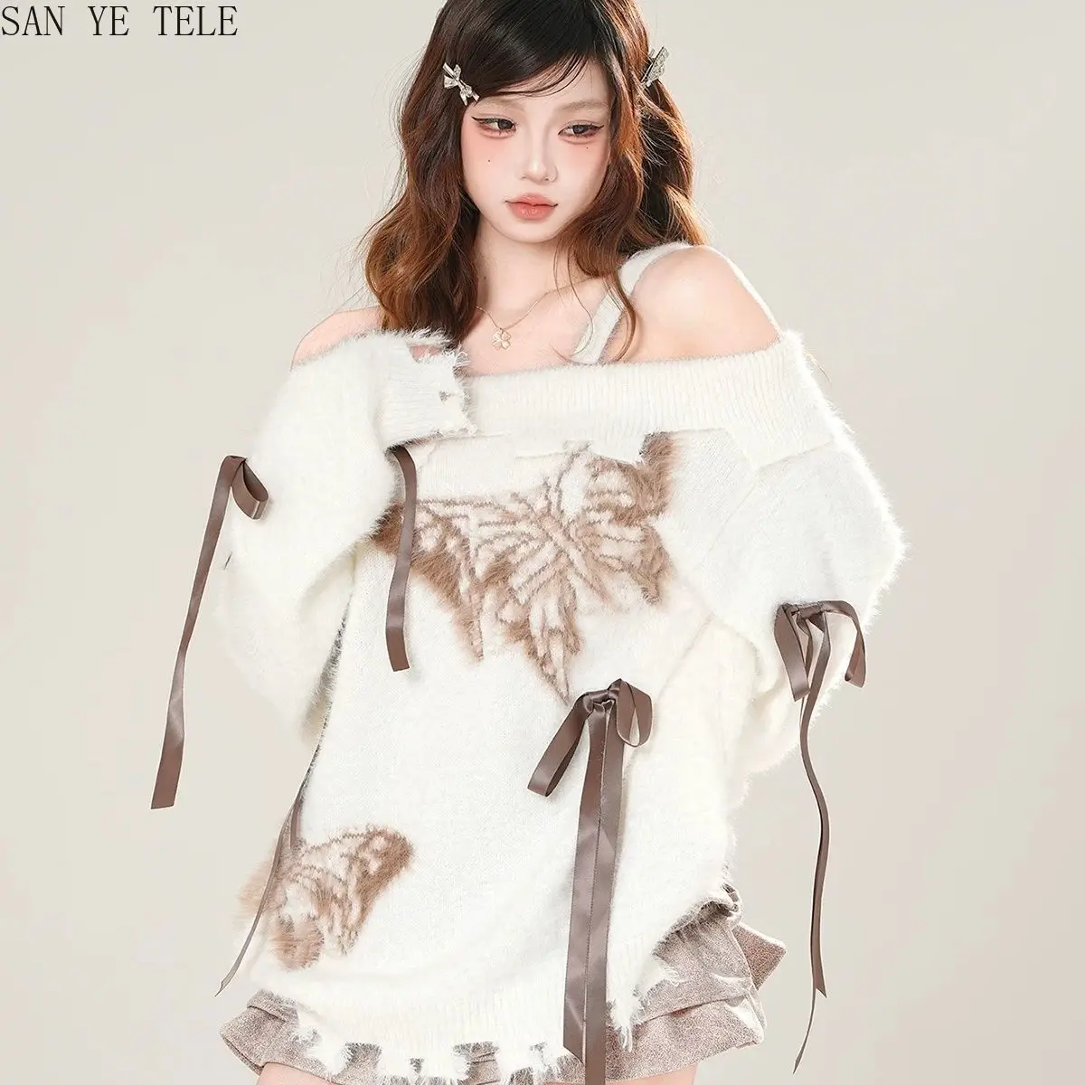 

Dopamine Butterfly Y2K Knitted Sweater Women's Korean Autumn Winter Outerwear One Shoulder Loose Soft Cozy Fashion Top
