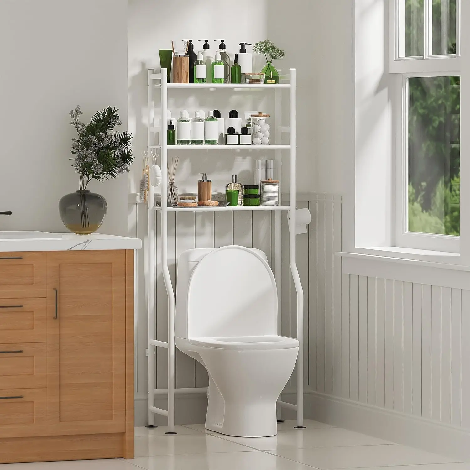 Scaffale a 3 ripiani per il bagno, da posizionare sopra il water, in metallo, con portarotolo e ganci, ideale per il bagno, la lavanderia o il balcone.