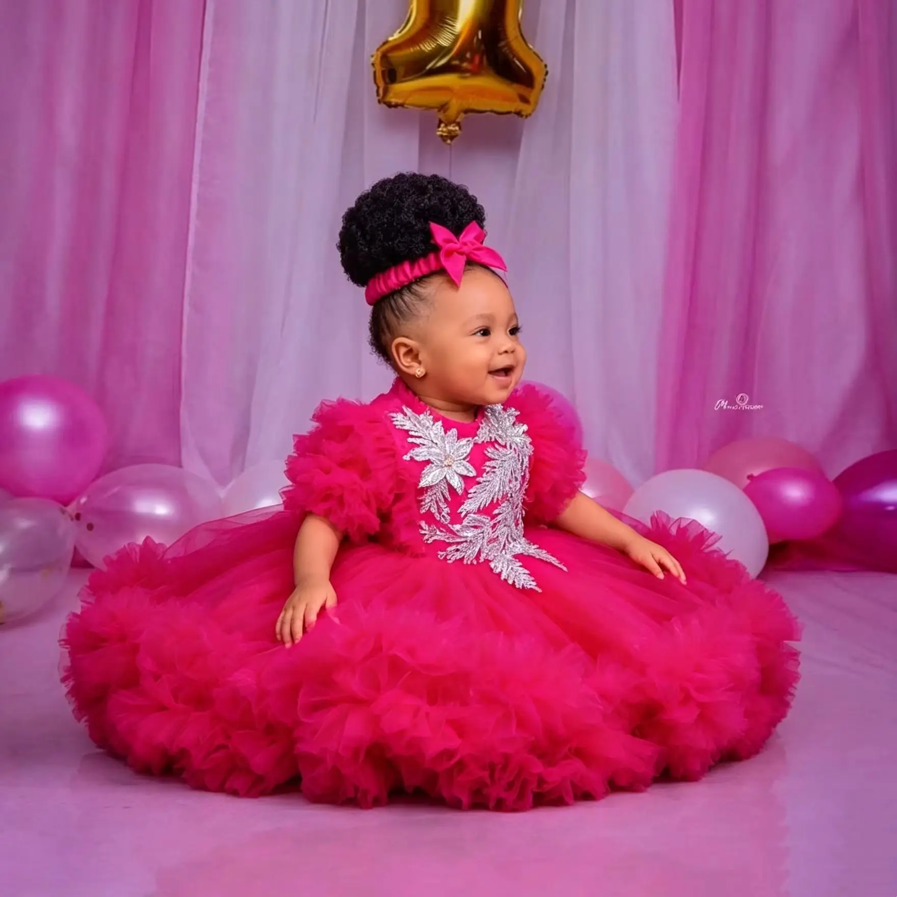 Customized Flower Girl Dresses Fuchsia Puffy Tulle Dress Sparkly Beaded 1st Birthday Photo Shoot Party Gown - view 4