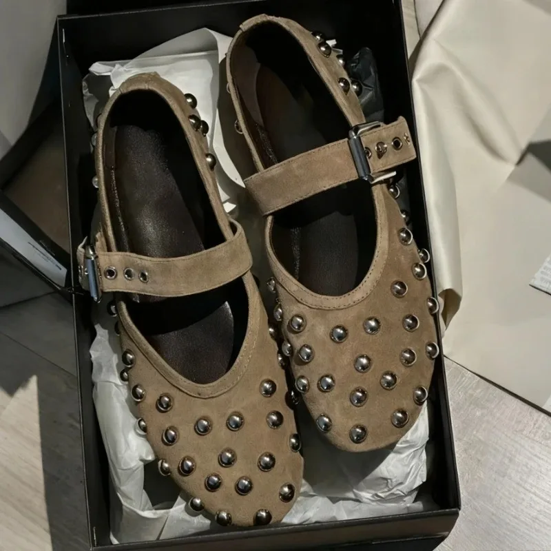 

Женские туфли Мэри Джейн, замшевые балетки с ремешком и пряжкой, коричневые, в стиле панк-гот, повседневные лоферы, удобные женские туфли