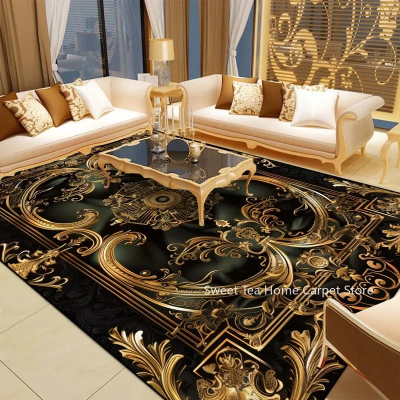VIKAMA European Luxury Golden Baroque Area Rug Non‑slip Vintage Ornate Floral Carpet For Living Room Bedroom Home Floor Decor