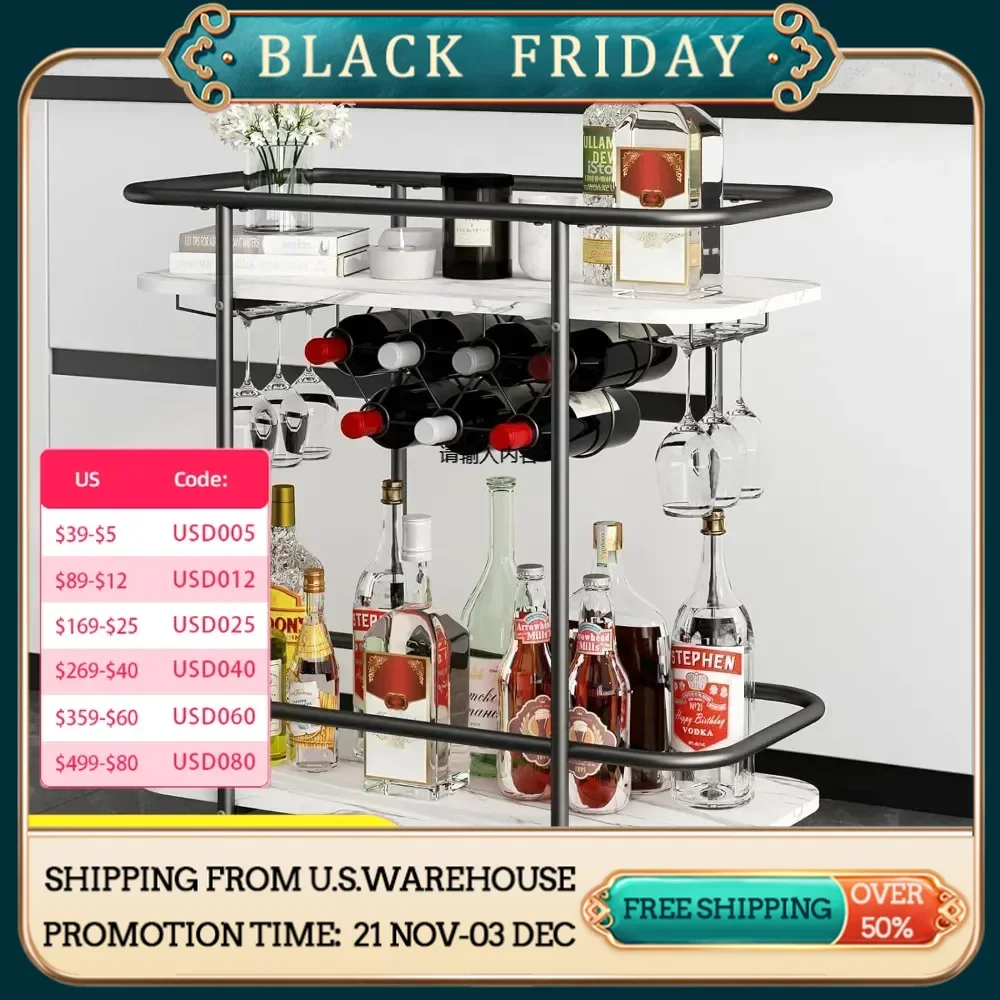 Bar cart on wheels, mobile service cart with glass rack and wine rack, modern rolling beverage cart for coffee tea wine