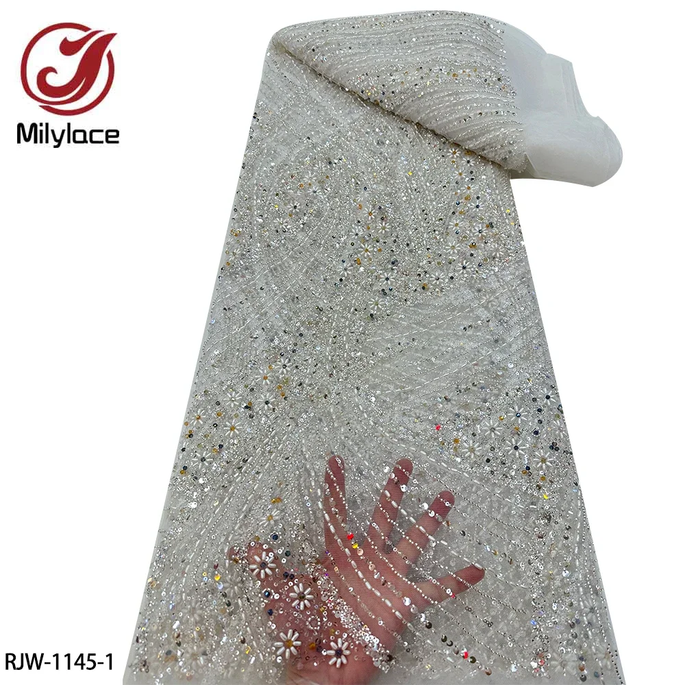 

African Sequins Lace Fabric High Quality Handmade Beaded Nigerian French Tulle Lace Fabric for Wedding Dress RJW-1145