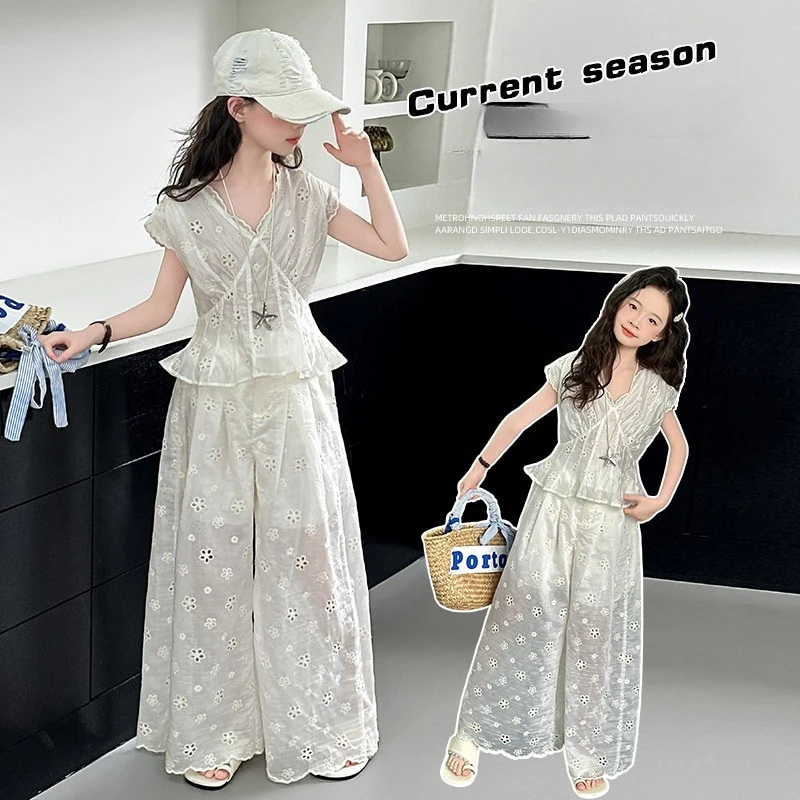 

summer Korean teen girls hollow out clothes set Ruffled V-neck top+Hollow Flower Wide Gallery 2pcs junior kid suit child outfits