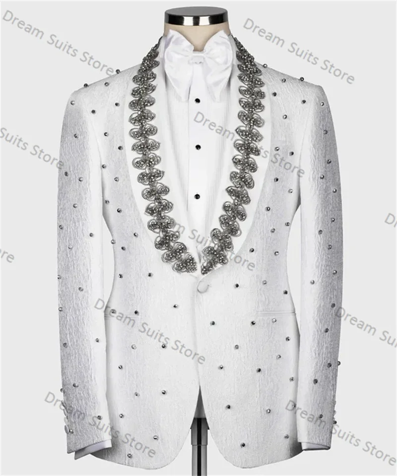 

White Jacquard Beaded Men Suits Set 2 Pieces Blazer+Black Cotton Black Pants Customized Jacket Wedding Tuxedo Custom Made Coat