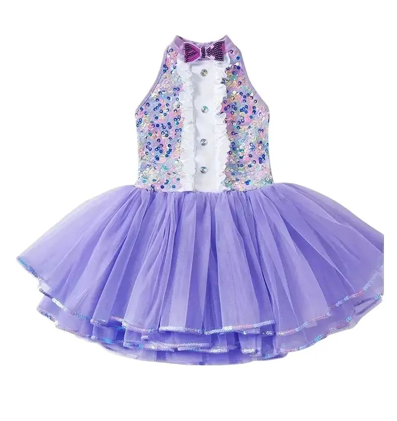 Disfraz de baile moderno con lentejuelas para niñas, ropa de escenario para niños pequeños, vestido de princesa de boda, púrpura, Jazz