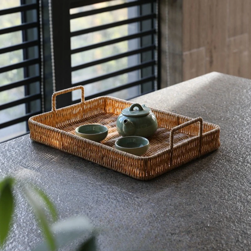Imitation Rattan Weaving Tray Nordic Minimalist Design Trays Waterproof Tea Set Storage Trays Living Room Decorative Tray