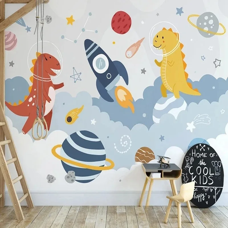 Nordic Ins Hand-Drawn Simple Space Planet Rocket Cartoon Little Dinosaur Children's Room Bedroom TV Set Sofa Background Wall