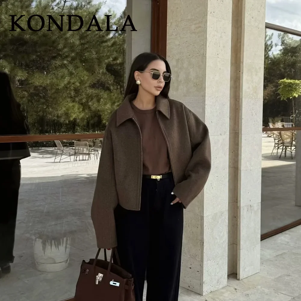 KONDALA 2026 Spring Women Casual Solid Jackets Fashion Streetwear Zipper Turn Down Collar Chic Ladies Jackets