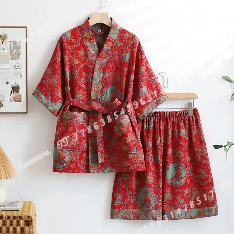 Women Cotton Double Layer Yarn Jacquard Bathrobe Set with Shorts Steam Sweat Physiotherapy Pajamas Hotel Spa Robe Loungewear