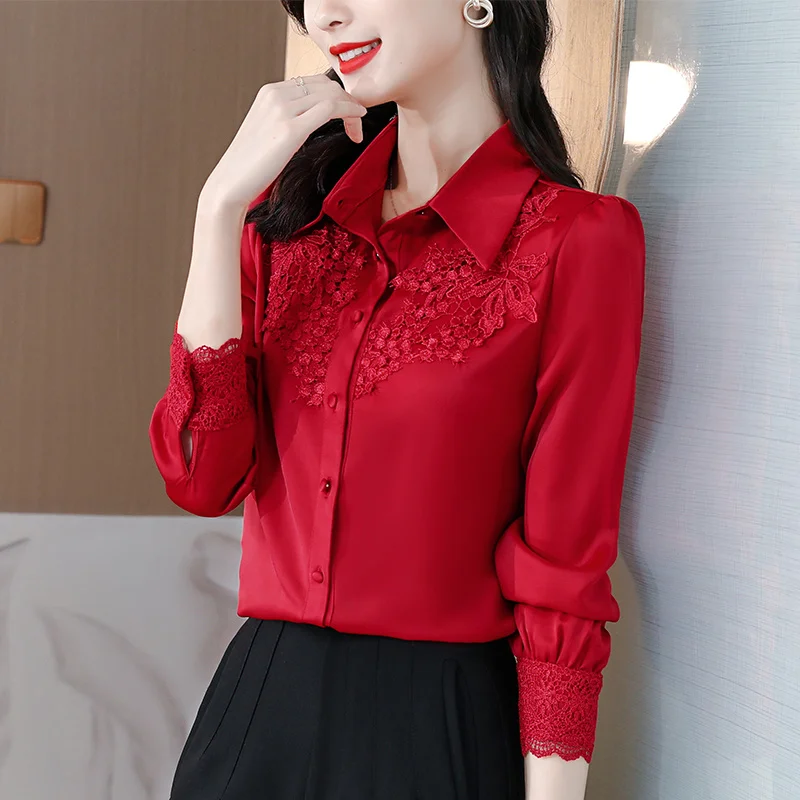 #2550 Red Blue Beige Satin Shirt Women Embroidery Flower Office Shirt Long Sleeve Elegant Vintage Woman Shirts Polo Neck Spring