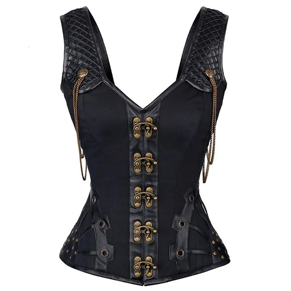 

Vintage Outerwear Corselet Pirate Costume Black Steampunk Corset Shoulder Straps Women Sexy Overbust Bustier Top Vest Plus Size